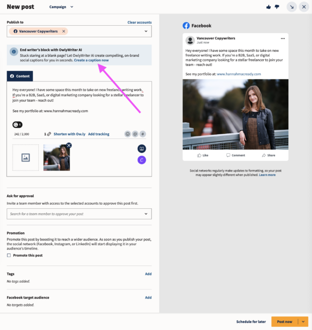 drafted facebook post in hootsuite with arrow pointing to pop up asking users to write post copy with owly writer ai