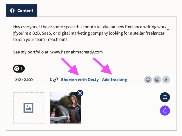 arrows showing shorten with ow.ly and add tracking options in hootsuite composer