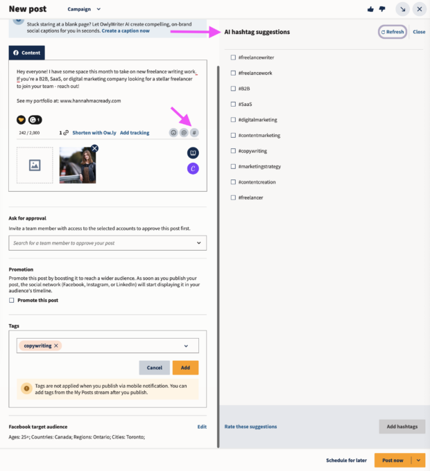 box showing ai hashtag suggestions in hootsuite composer including recommendations for #freelancewriter and #freelancework