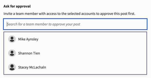 ask for approval option with dropdown showing names of key stakeholders for approval