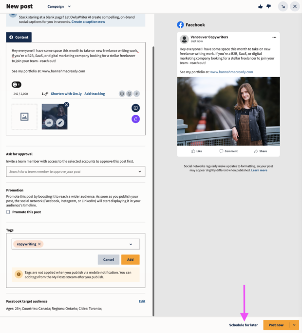 arrow pointing to schedule for later button in bottom right of hootsuite compose screen