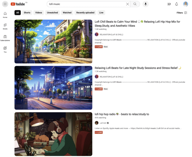 youtube search results for lofi music