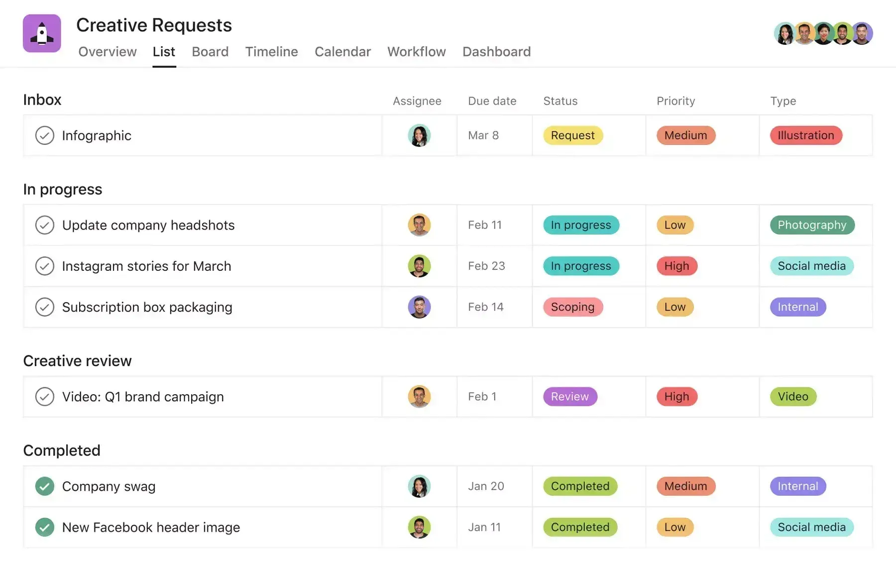 asana’s creative requests template.