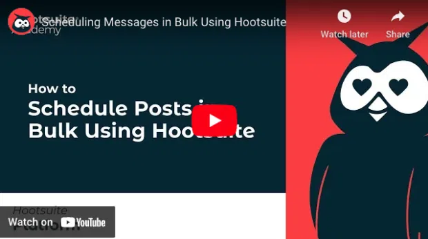 Thumbnail linking to a YouTube video explaining how to bulk schedule posts using Hootsuite