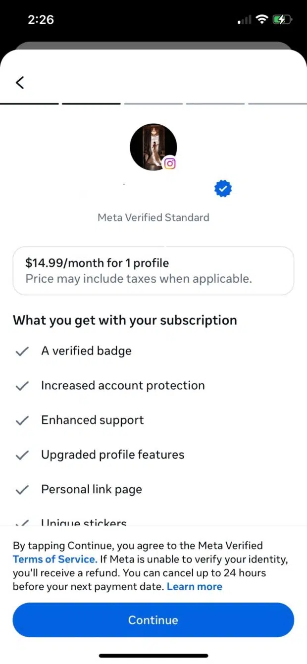 Meta Verified Standard subscription overview