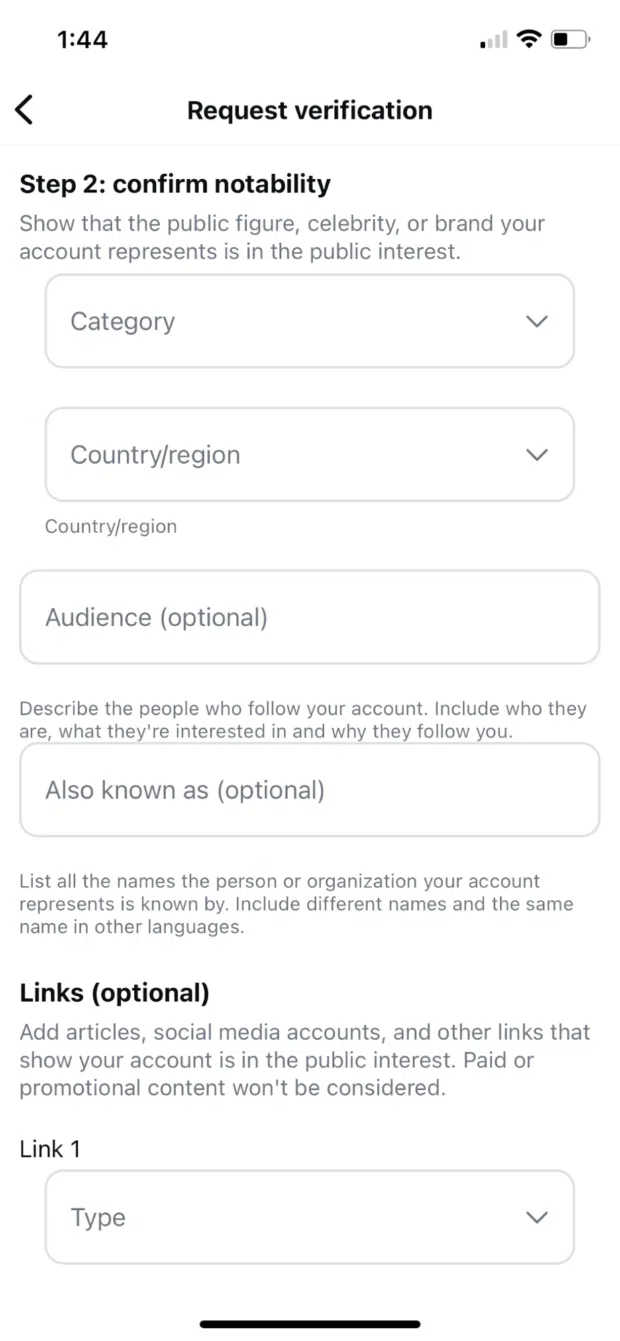 Apply for Instagram verification form step 2 confirm notability