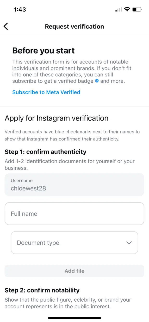 Apply for Instagram verification form step 1 confirm authenticity