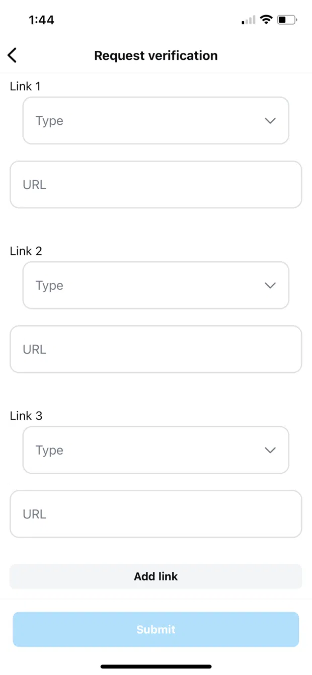 Request verification add 3 optional links to articles and social media accounts 