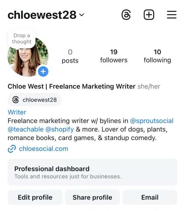 Chloe West Freelance Marketing Writer account