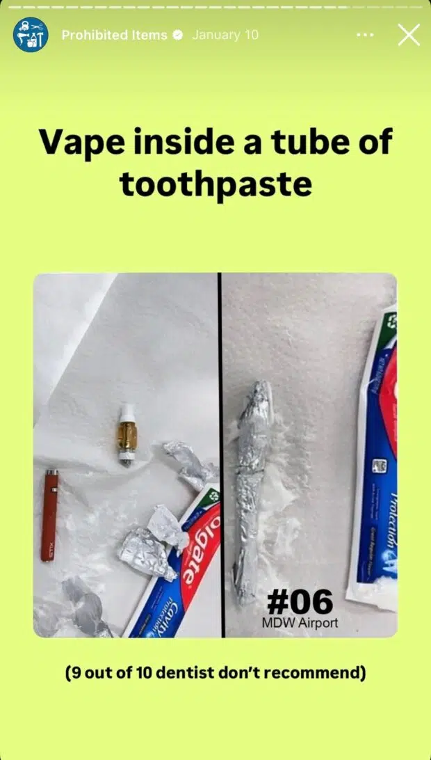 TSA Story Highlight prohibited items vape inside a tube of toothpaste