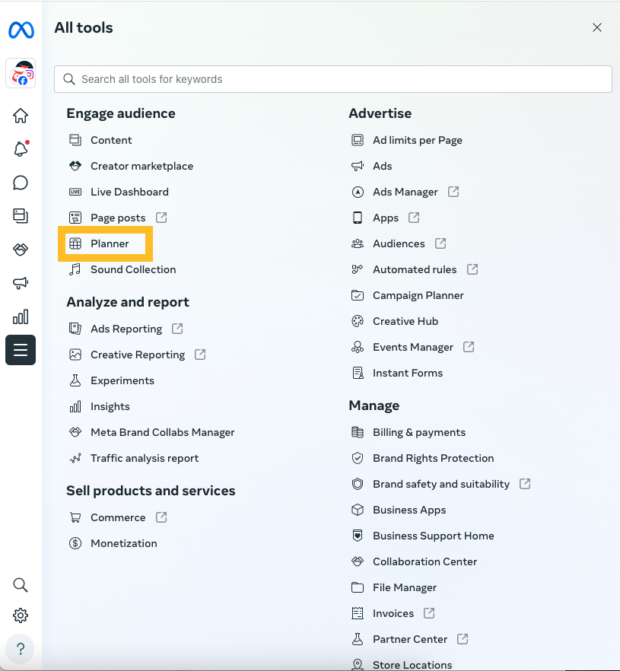 Box showing planner option under the All tools menu in Meta Business Suite