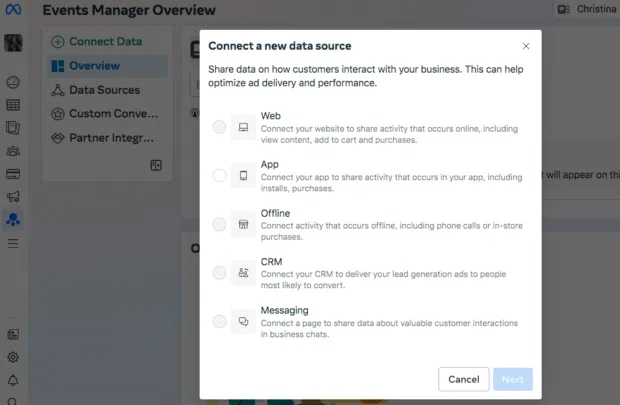 Connecting a data source to the Meta Pixel in Events Manager