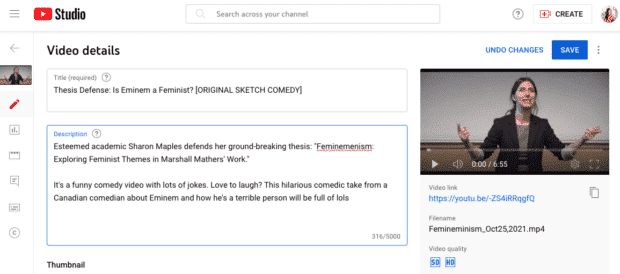 youtube video upload details showing keywords like funny and comedy added to the description