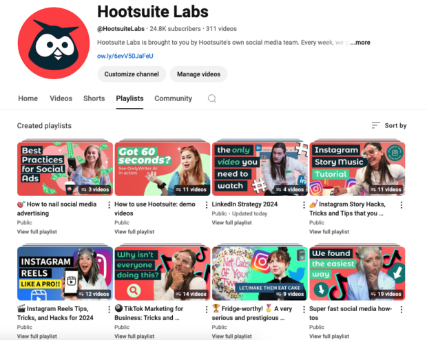 Hootsuite Labs channel with playlists