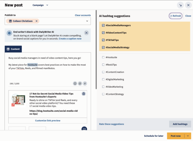 Hootsuite AI hashtag suggestions social media managers and TikTok tips