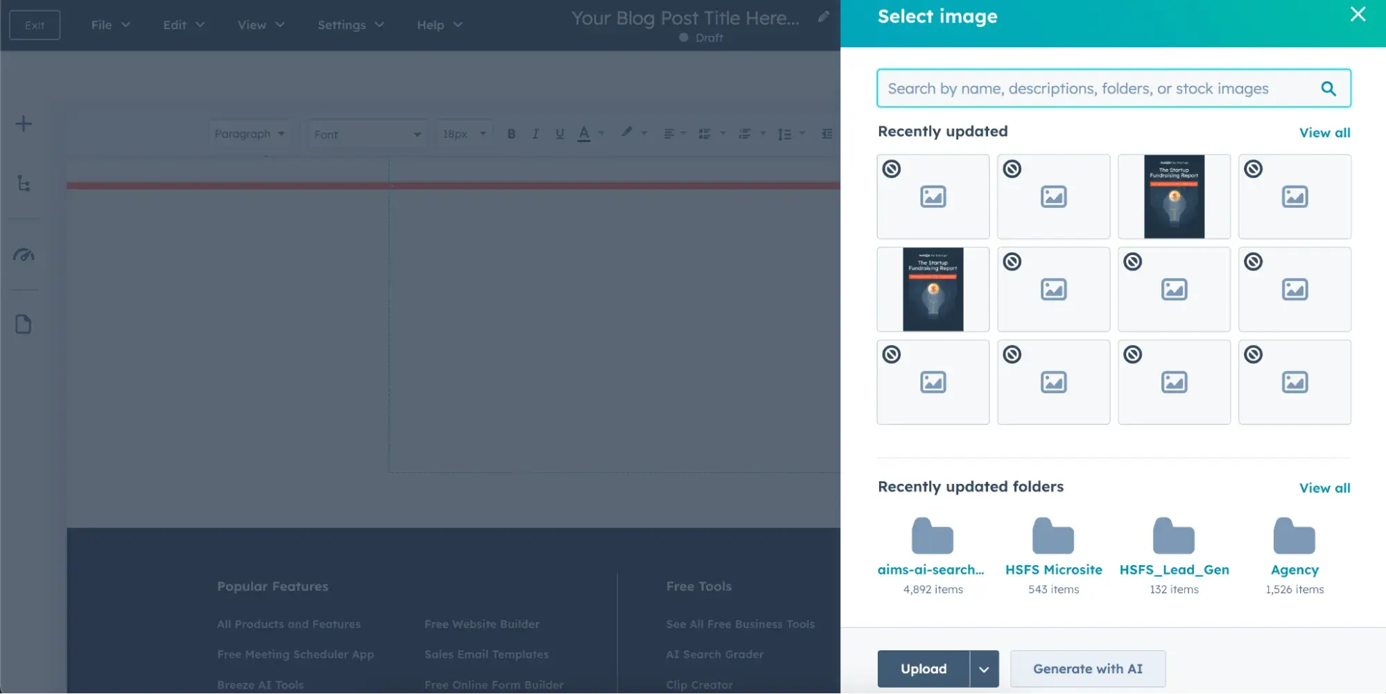 screenshot showing how to generate images with ai with the hubspot blog tool