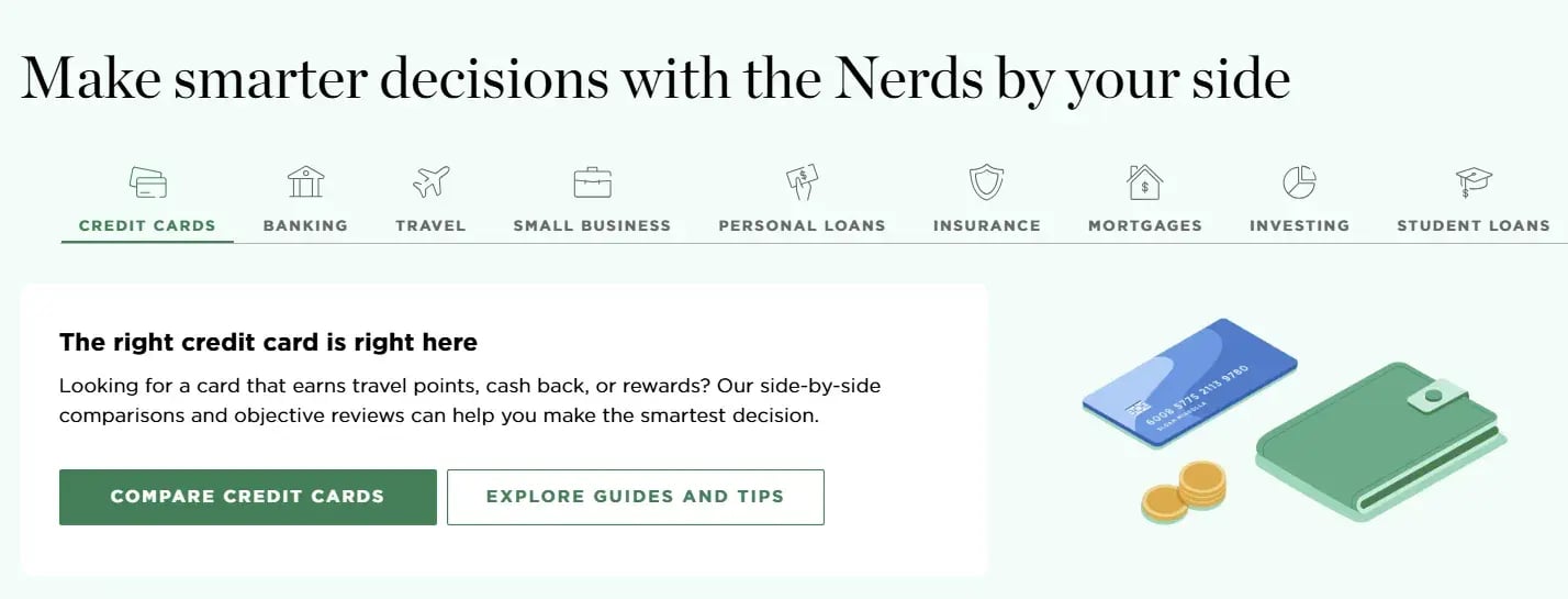 nerdwallet home page, cta example