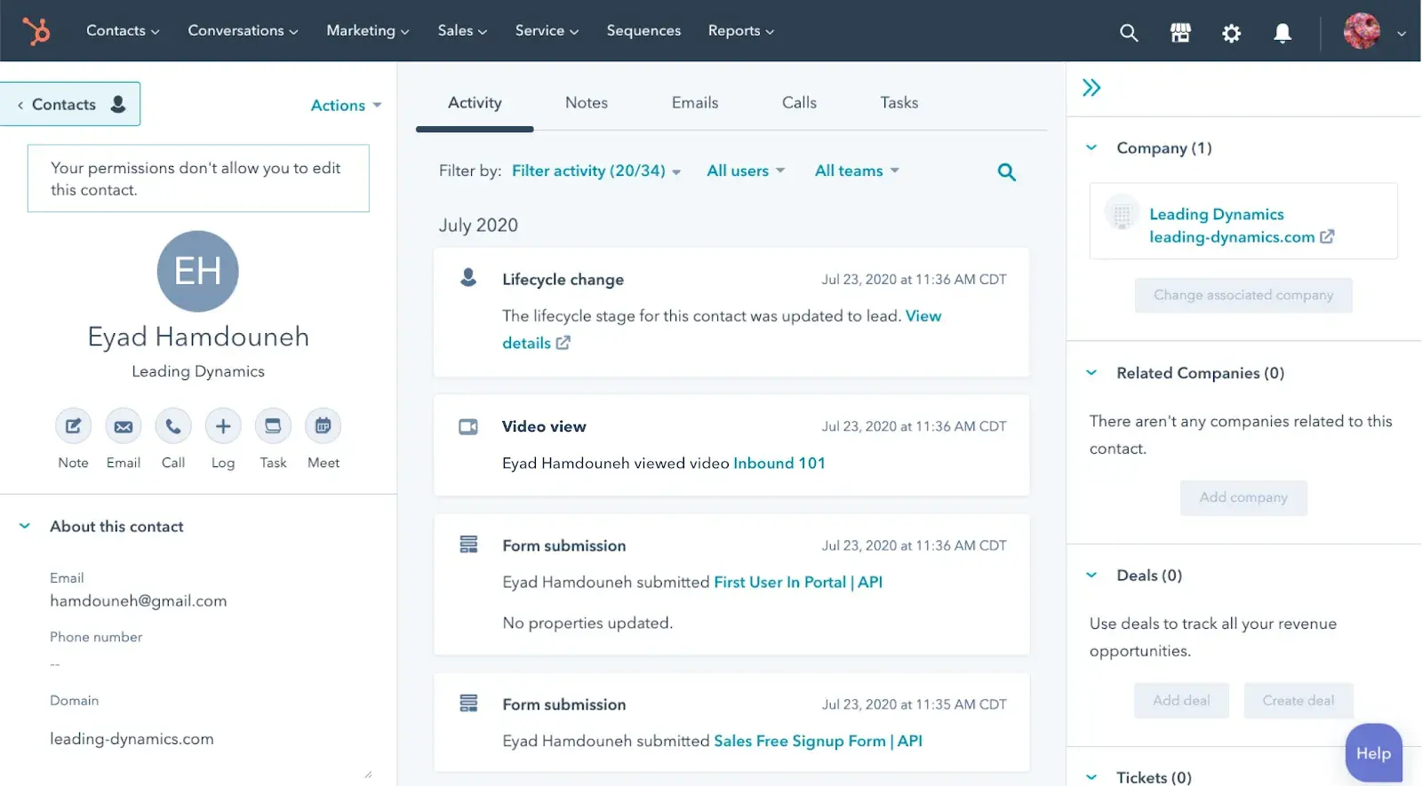 b2b marketing analytics: screenshot from b2b marketing tool, hubspot’s contact history section, to demonstrate how b2b marketers can track customer journeys.