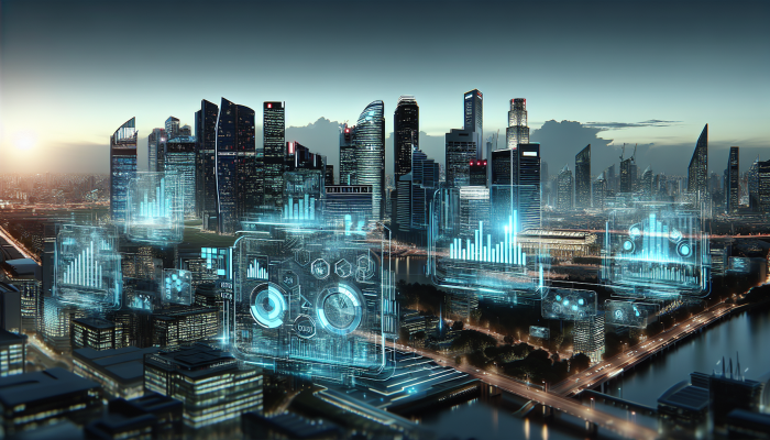 Futuristic city skyline with holographic graphs and charts, modern architecture in background.