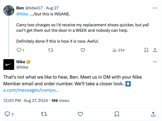 An example of how Nike's social strategy works on X: they use the platform for customer care