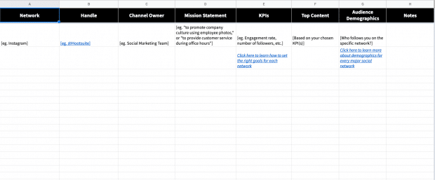 Screenshot of a social media audit spreedsheet for building an effective social media strategy