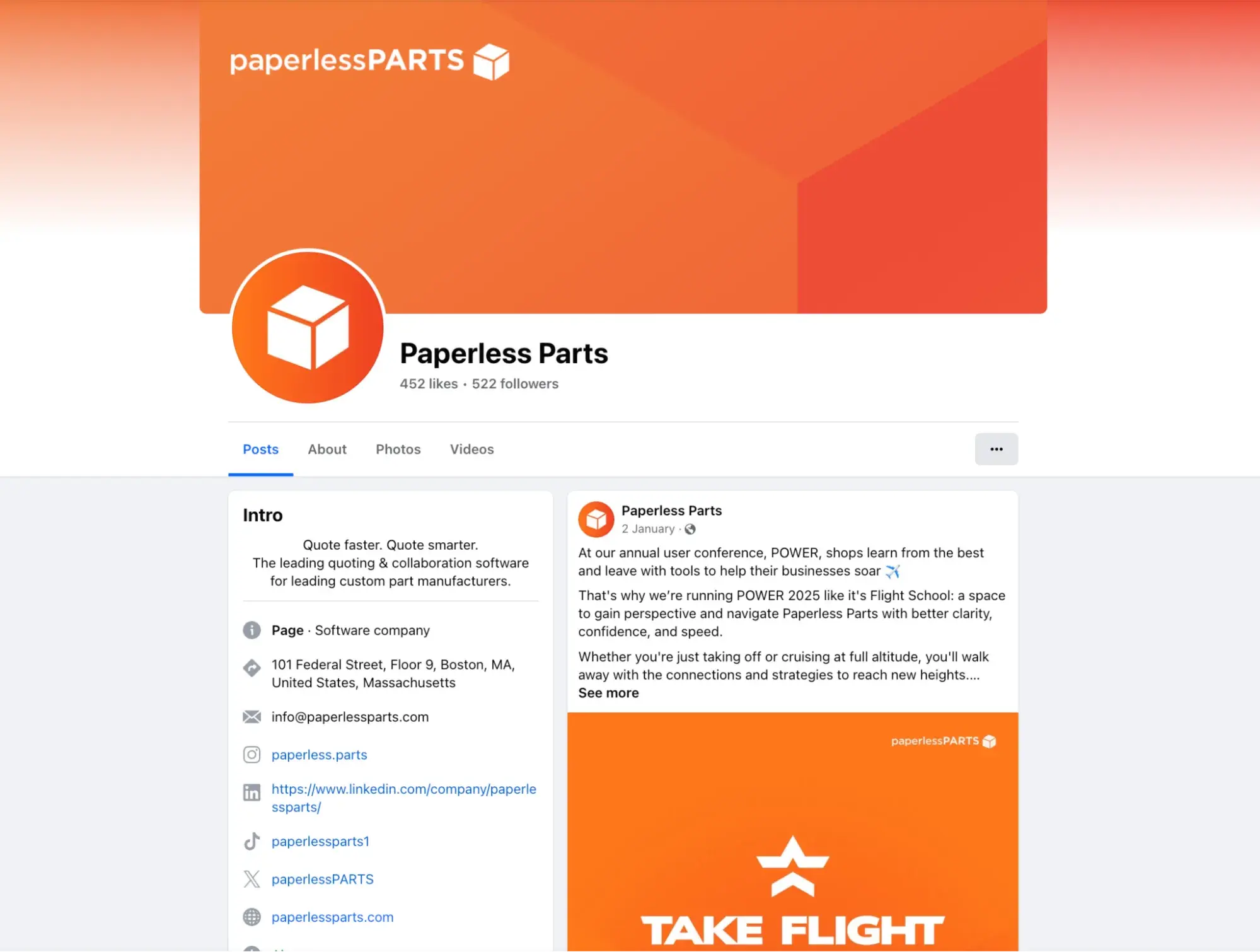 startup marketing example, paperless parts facebook page