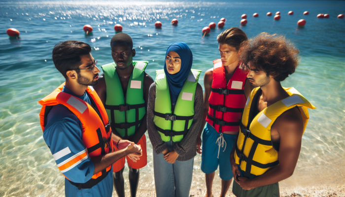 Diverse group wearing life jackets listening to water safety instructor on a sunny beach.