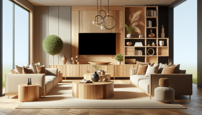 Modern living room with solid wood and particleboard furniture, balancing durability and cost.