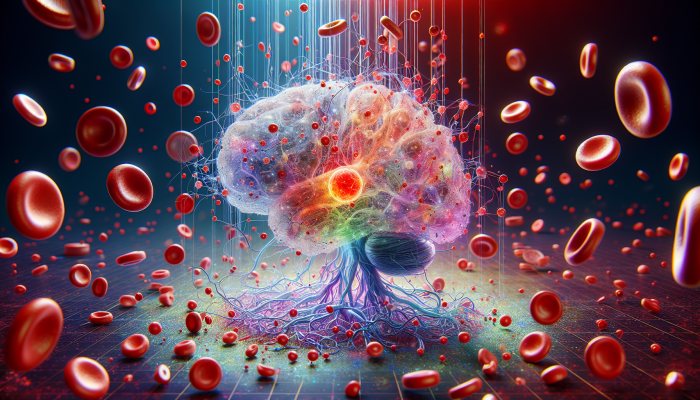 Vitamin B12 Blood Test in Aylesbury: A neural network with glowing myelin sheath, red blood cells, and brain, illustrating Vitamin B12's health benefits.