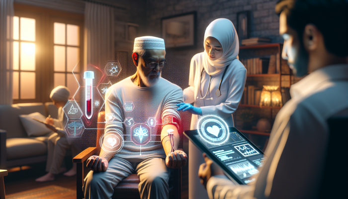 A healthcare professional conducting a home blood draw in Aylesbury, patient receiving results on a tablet.