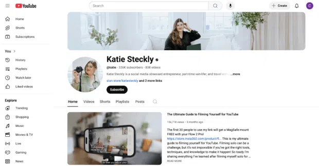Katie Steckly fully optimized Youtube channel