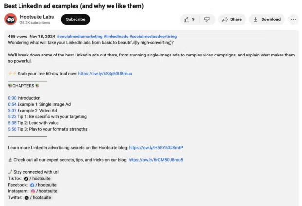 Hootsuite description keywords SEO for video best LinkedIn ad examples