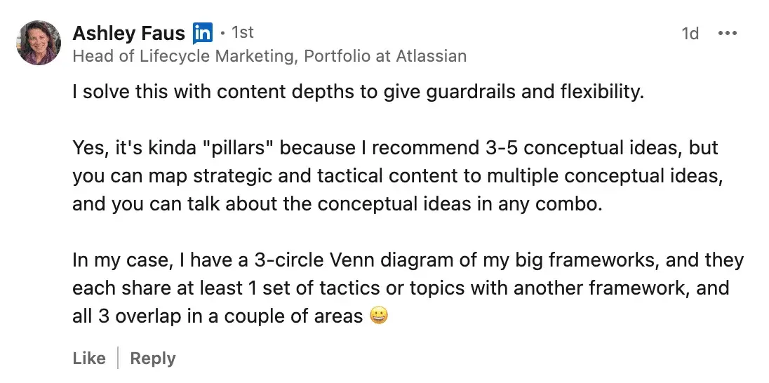 content strategy for startups, ashley faus linkedin screenshothttps://www.linkedin.com/feed/update/urn:li:activity:7290126951053238273?commenturn=urn%3ali%3acomment%3a%28activity%3a7290126951053238273%2c7291479192725016578%29&dashcommenturn=urn%3ali%3afsd_comment%3a%287291479192725016578%2curn%3ali%3aactivity%3a7290126951053238273%29