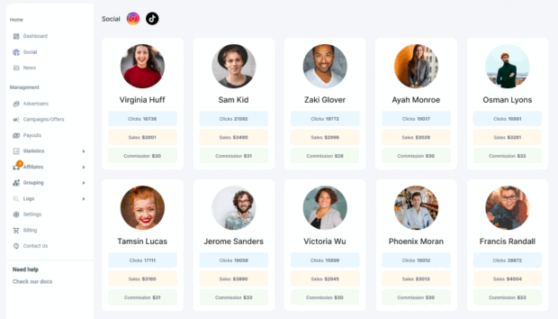 Tracknow social affiliate profiles