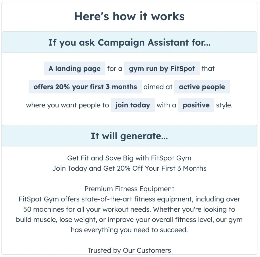 landing page best practices; an example of how campaignassistant from hubspot can help create relevant website copy