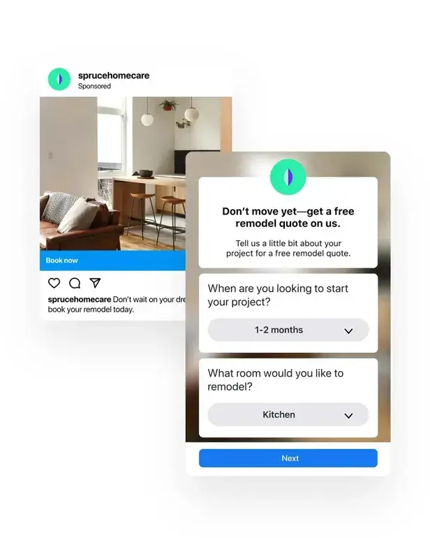 screenshot of a facebook lead ad that asks two questions about home remodeling.
