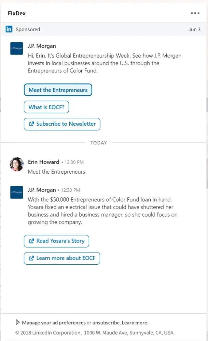 screenshot of a jp morgan conversation ad on linkedin.