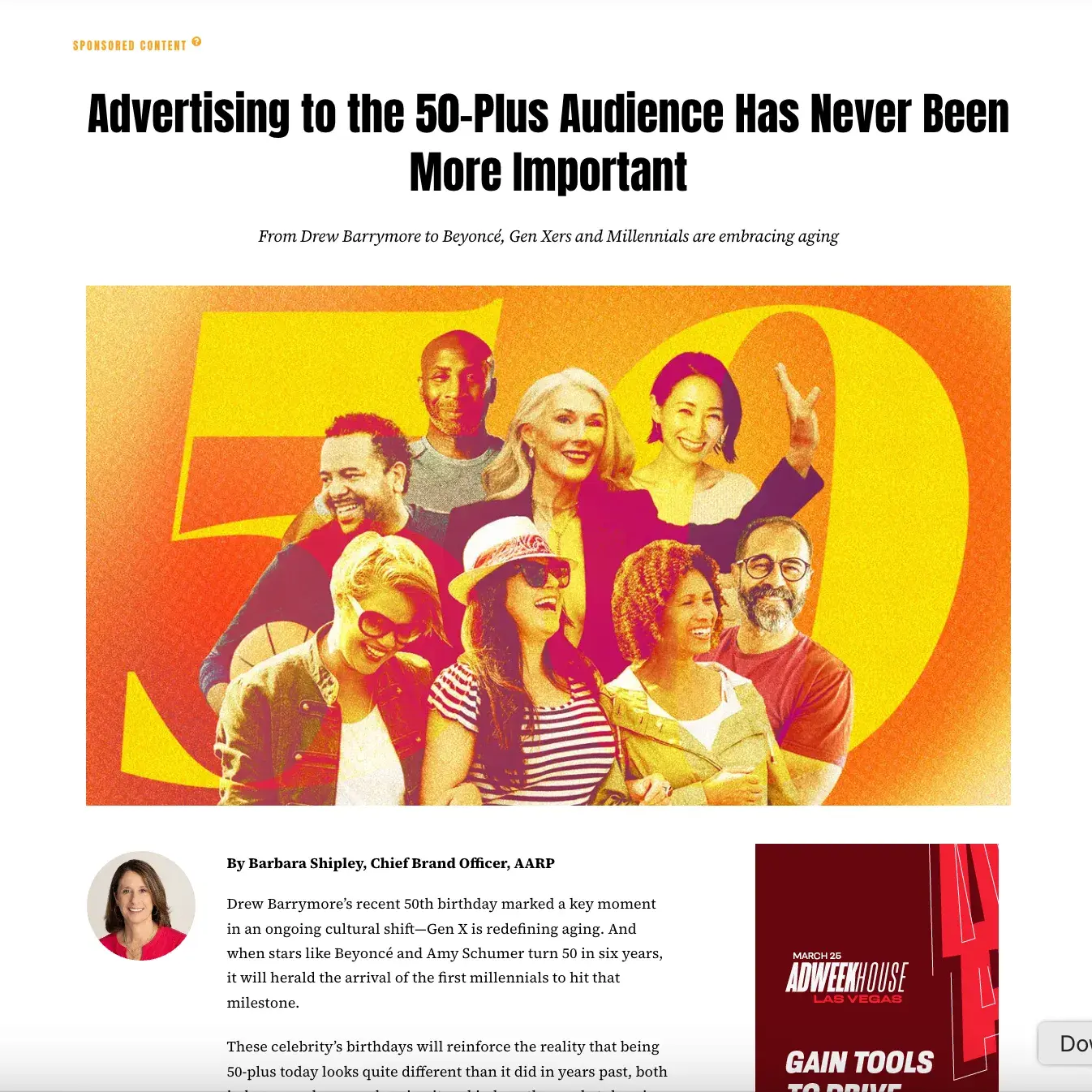 screenshot of sponsored content on adweek.com. “advertising to the 50-plus audience has never been more important” by barbara shipley, chief brand officer, aarp.