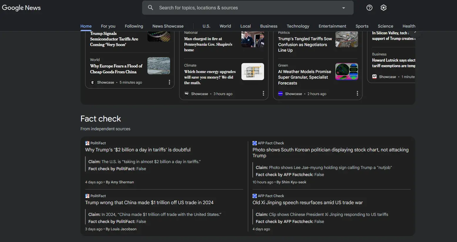 screenshot of google news fact check section
