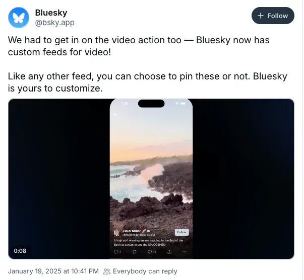 social media platforms for video, bluesky’s post about rolling out video to their platform