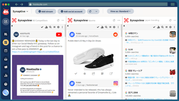 Synapview social media competitive analysis in the Hootsuite dashboard