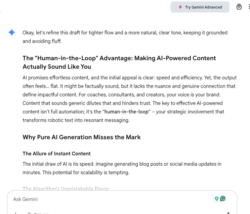 after screenshot of gemini ai generated blog post editing.
