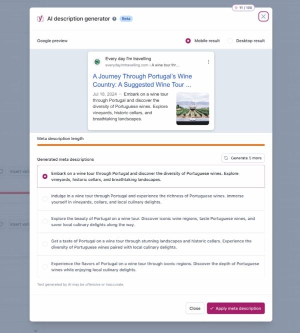 yoast seo's ai tool can generate relevant titles and meta descriptions for you