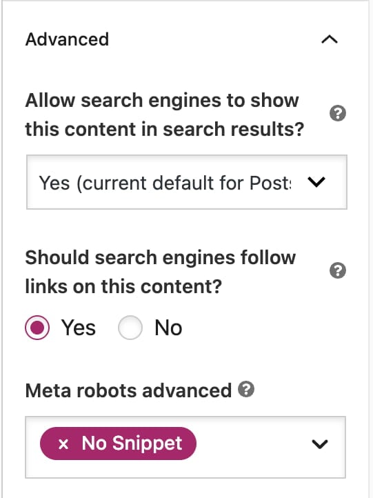 in the advanced section of yoast seo, you can prevent snippets from appearing by activating no snippet