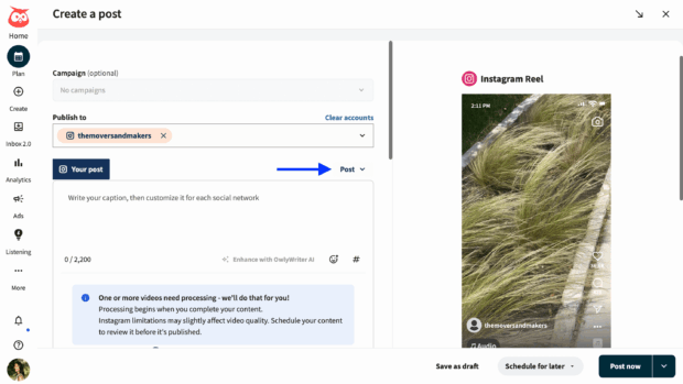 Hootsuite select post and account to publish to
