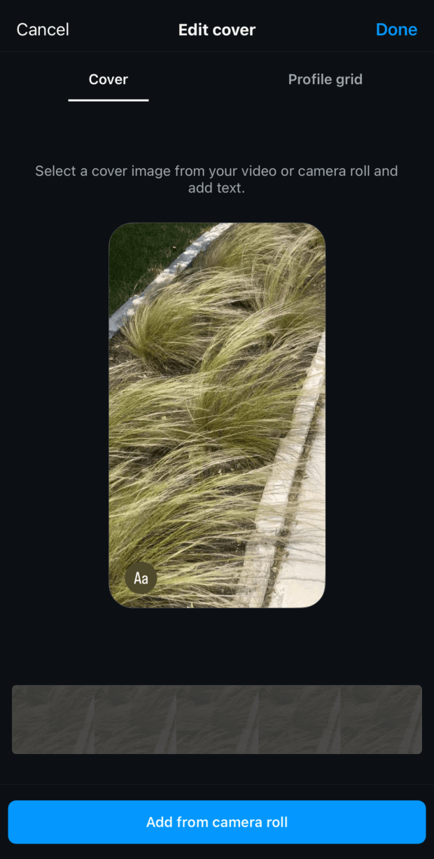 edit cover select image from video or camera roll and add text