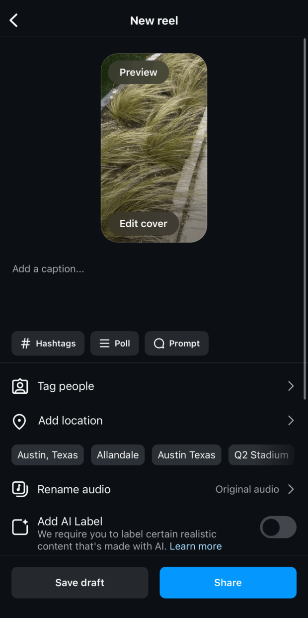 Reel preview and edit cover option