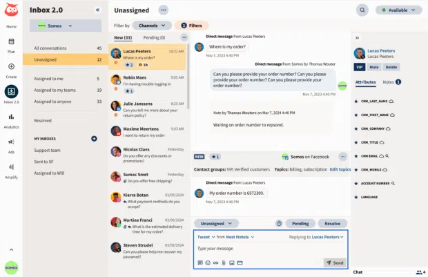 Hootsuite inbox showing customer service conversation between a brand and its customer, requesting info on an order