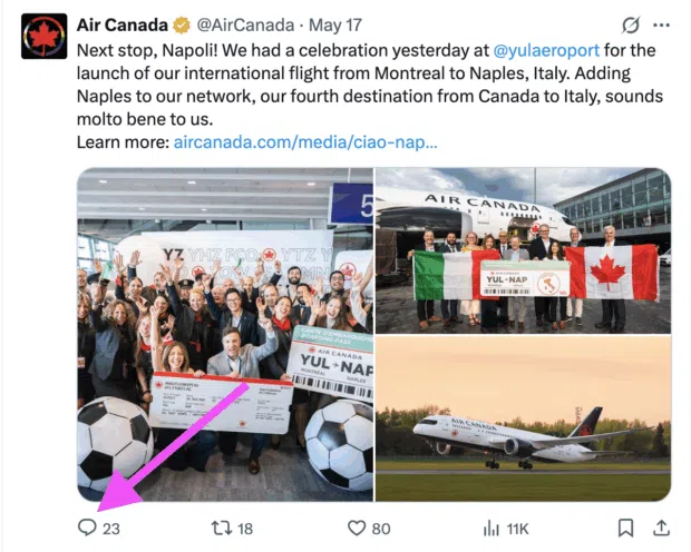Tweet from Air Canada celebrating the launch of international flights between montreal and naples