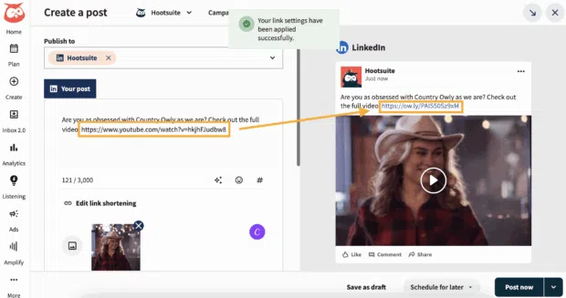hootsuite ow.ly link shortener showing a youtube link shortening in hootsuite composer